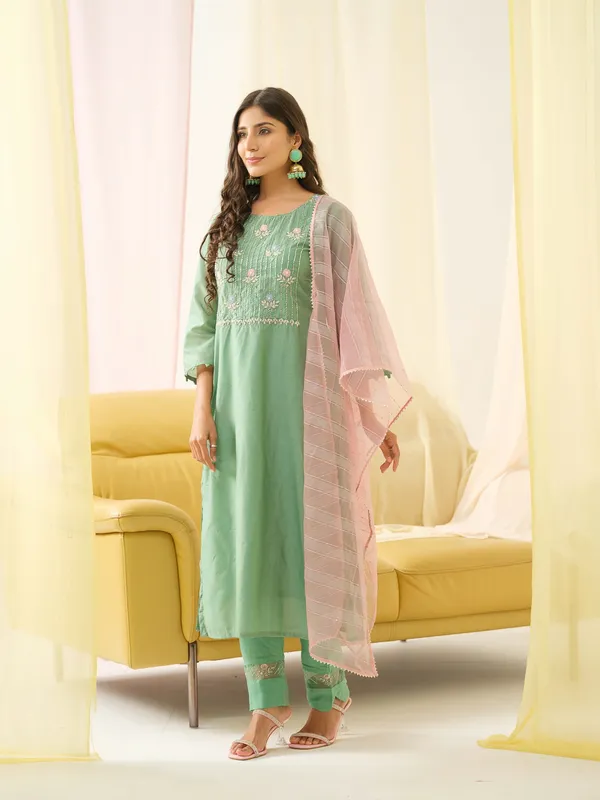 Sea_Green_Embroidered_Woven_Design_Straight_Kurta_and_Trousers_With_Dupatta
