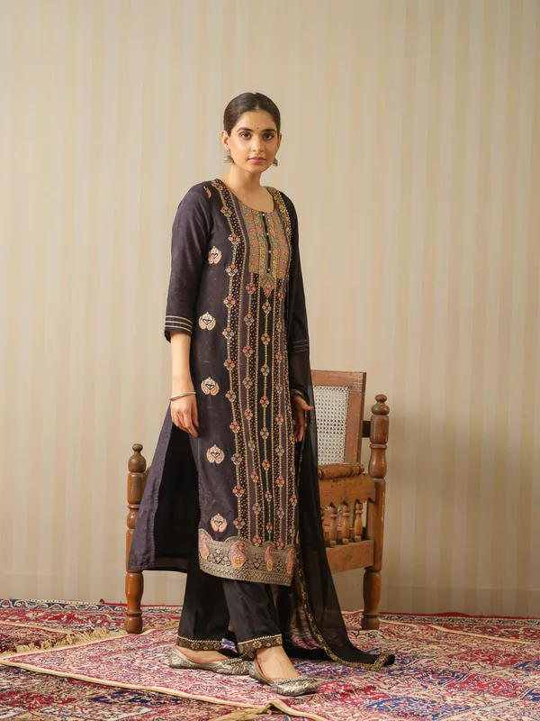 Black_Embroidered_Woven_Design_Straight_Kurta_and_Trousers_With_Dupatta