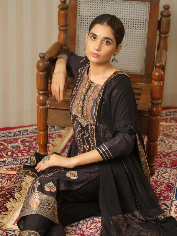 Black_Embroidered_Woven_Design_Straight_Kurta_and_Trousers_With_Dupatta