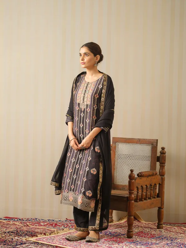 Black_Embroidered_Woven_Design_Straight_Kurta_and_Trousers_With_Dupatta