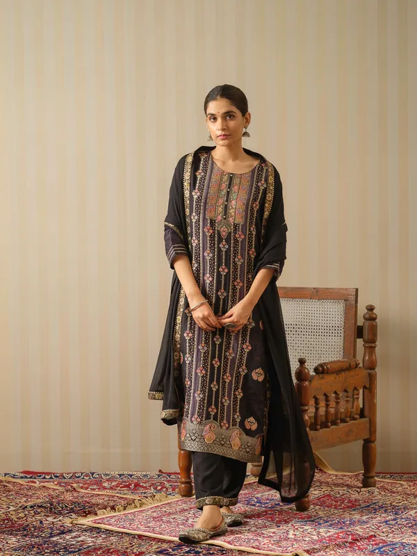 Black_Embroidered_Woven_Design_Straight_Kurta_and_Trousers_With_Dupatta