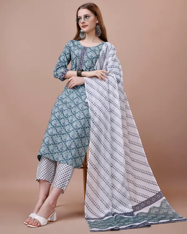 Green_Floral_Printed_Straight_Kurta_and_Trousers_With_Dupatta