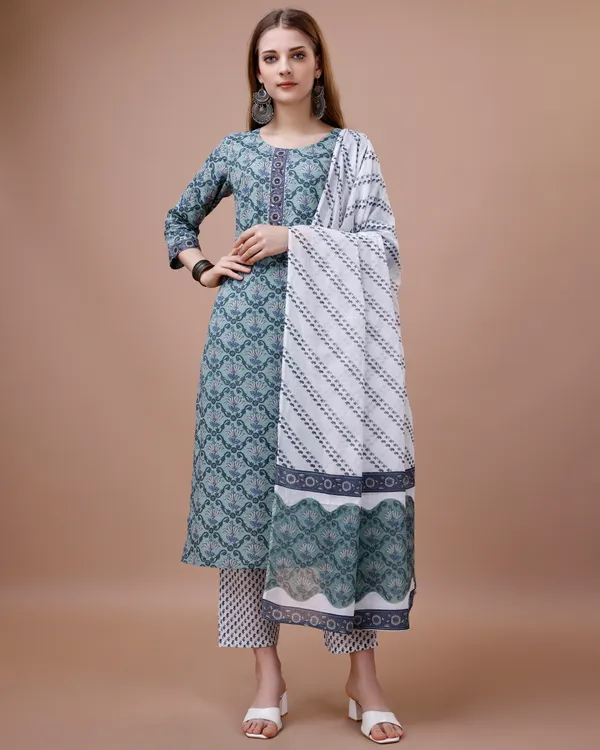 Green_Floral_Printed_Straight_Kurta_and_Trousers_With_Dupatta
