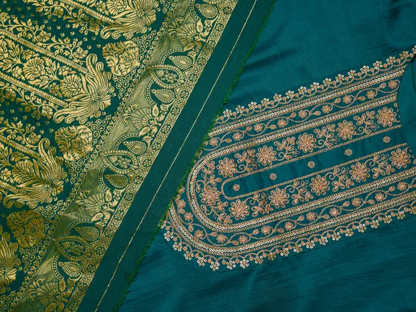 BLUE_Yoke_Design_Woven_Design_Straight_Kurta_and_Trousers_With_Dupatta