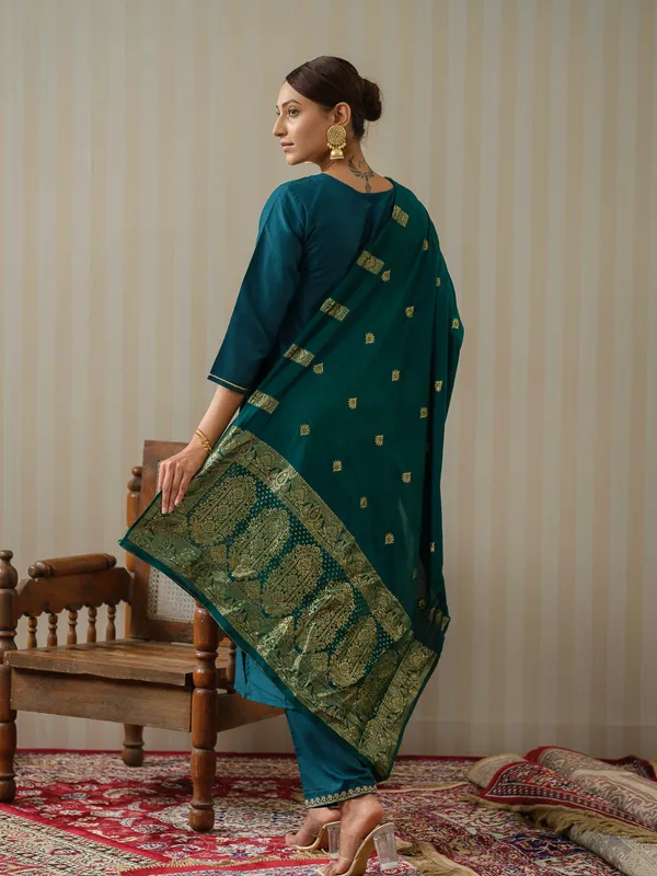 BLUE_Yoke_Design_Woven_Design_Straight_Kurta_and_Trousers_With_Dupatta