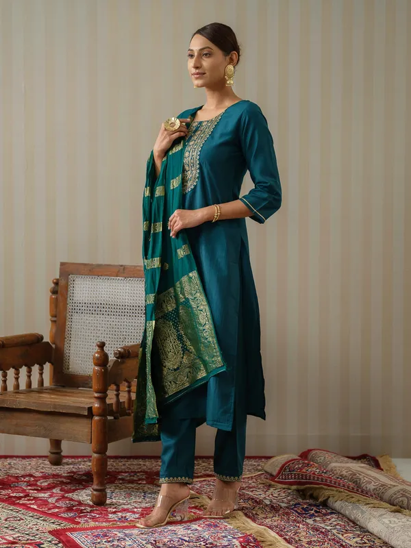 BLUE_Yoke_Design_Woven_Design_Straight_Kurta_and_Trousers_With_Dupatta