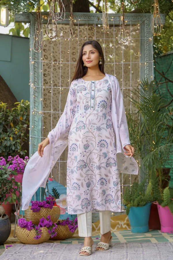 White_&_Purple_Floral_Printed_Straight_Kurta_With_Trousers_and_Dupatta