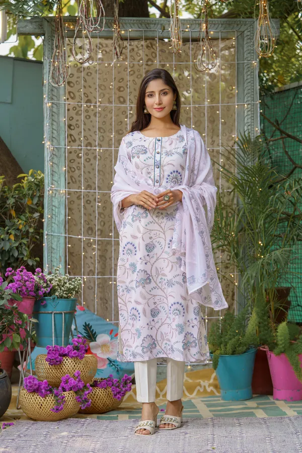 White_&_Purple_Floral_Printed_Straight_Kurta_With_Trousers_and_Dupatta