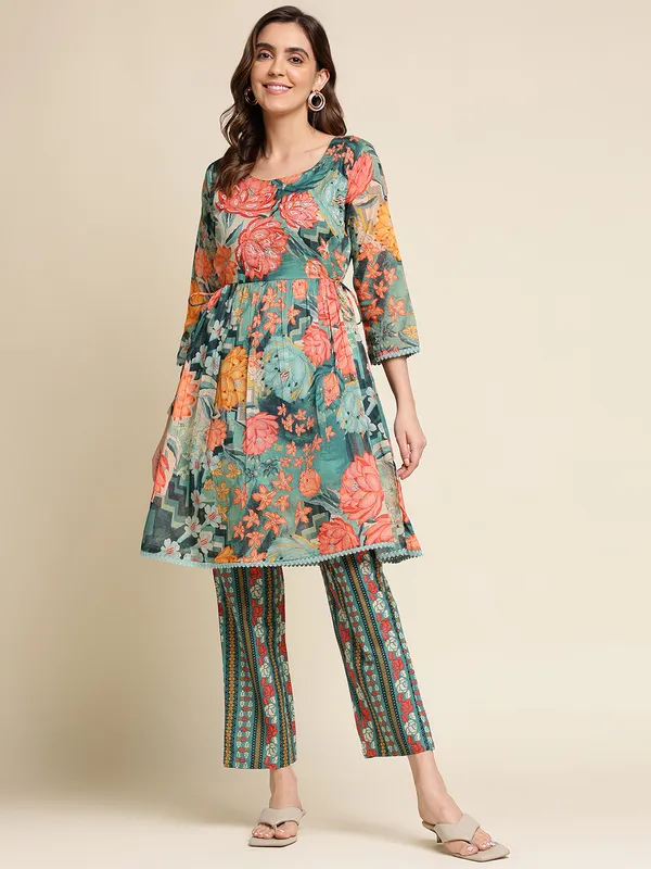Women_Green_Regular_Printed_Floral_Tops_with_Trousers