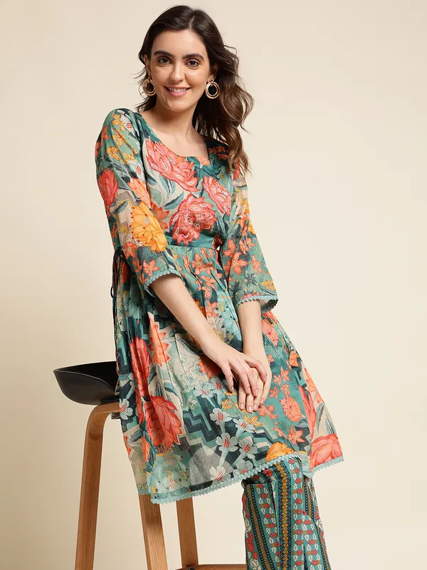 Women_Green_Regular_Printed_Floral_Tops_with_Trousers