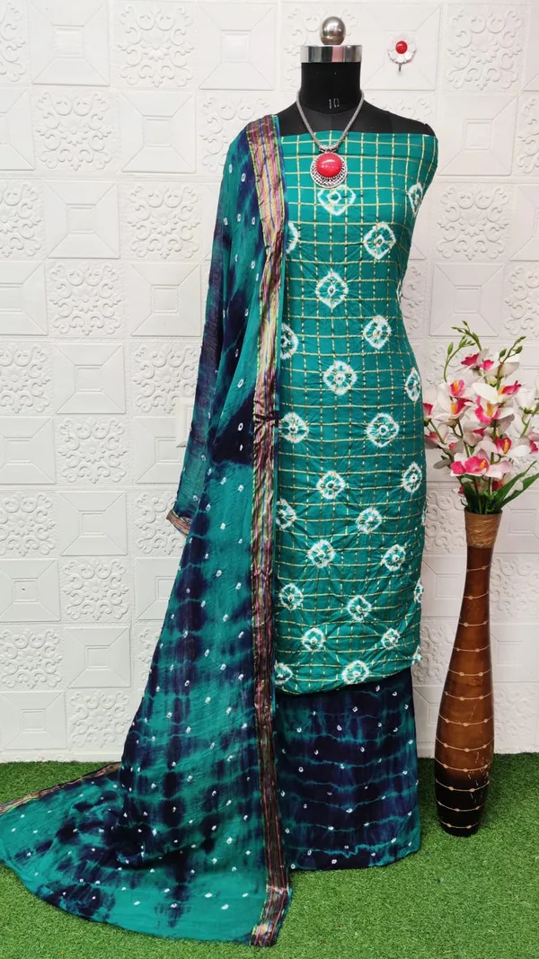 Unstitched_Suit_Dress_Material_|_Beauty_Queen_Pure_Cotton_Chex_Hand_Bandhej_Bandhani_|_Premium_Unstitched_Suit_Material_For_Her_|_4.25_Meter_Top_&_Bottom_With_2_Meter_Dupatta