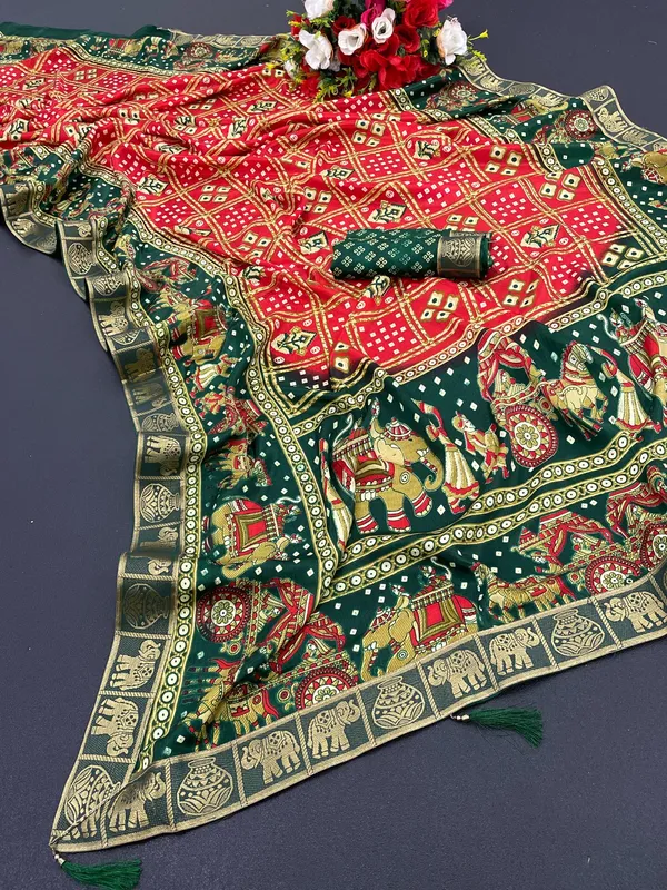 Bandhani_Print_Soft_Turkey_Silk_Saree_With_Unstitched_Blouse_Piece_(Red_Green)
