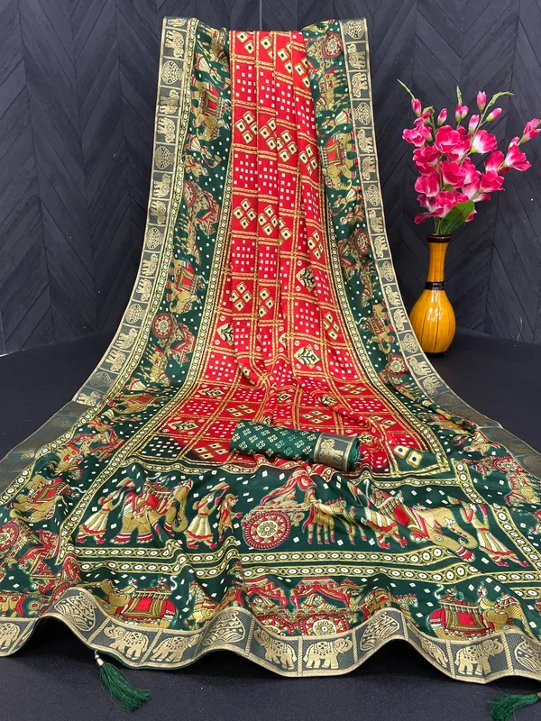 Bandhani_Print_Soft_Turkey_Silk_Saree_With_Unstitched_Blouse_Piece_(Red_Green)