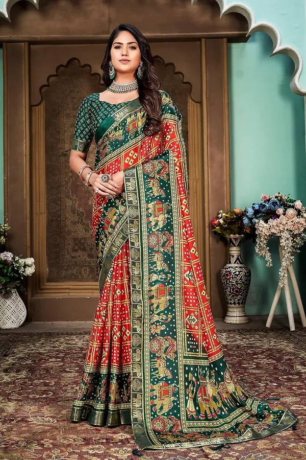 Bandhani_Print_Soft_Turkey_Silk_Saree_With_Unstitched_Blouse_Piece_(Red_Green)