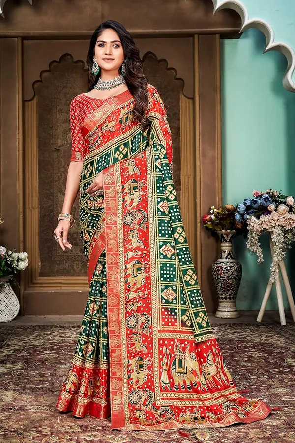 Bandhani_Print_Soft_Turkey_Silk_Saree_With_Unstitched_Blouse_Piece_(Green_Red)