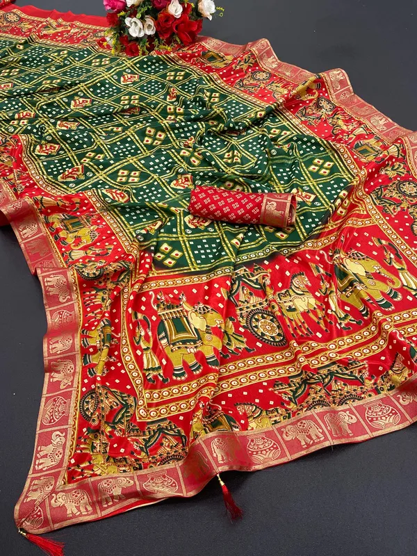 Bandhani_Print_Soft_Turkey_Silk_Saree_With_Unstitched_Blouse_Piece_(Green_Red)