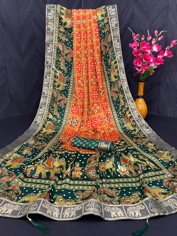 Bandhani_Print_Soft_Turkey_Silk_Saree_With_Unstitched_Blouse_Piece_(Orange_Green)