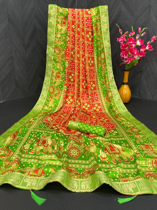 Bandhani_Print_Soft_Turkey_Silk_Saree_With_Unstitched_Blouse_Piece_(Tomato_Pista)