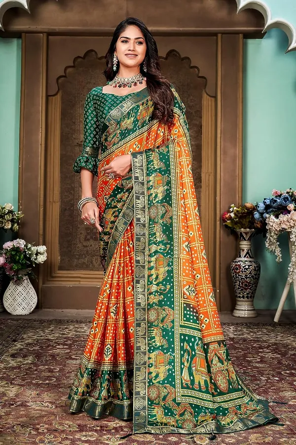 Bandhani_Print_Soft_Turkey_Silk_Saree_With_Unstitched_Blouse_Piece_(Orange_Green)