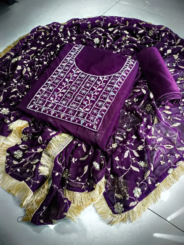 Unstitched_Faux_Geogette_Dress_Material_With_Neck_Embroidery_Work_On_Top_And_Full_Embroidery_Work_Dupatta_With__Golden_Lace_Border_|_4.25_Meter_Top_&_Bottom_With_2_Meter_Dupatta