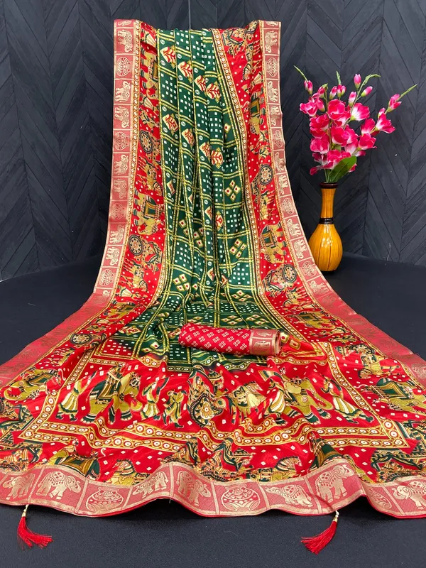 Bandhani_Print_Soft_Turkey_Silk_Saree_With_Unstitched_Blouse_Piece_(Green_Red)