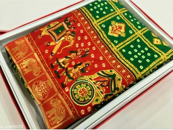 Bandhani_Print_Soft_Turkey_Silk_Saree_With_Unstitched_Blouse_Piece_(Green_Red)