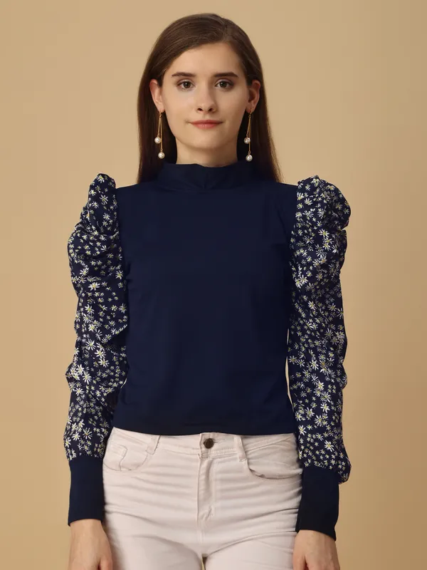 Blue_Party_Floral_Print_Women_Blue_Top