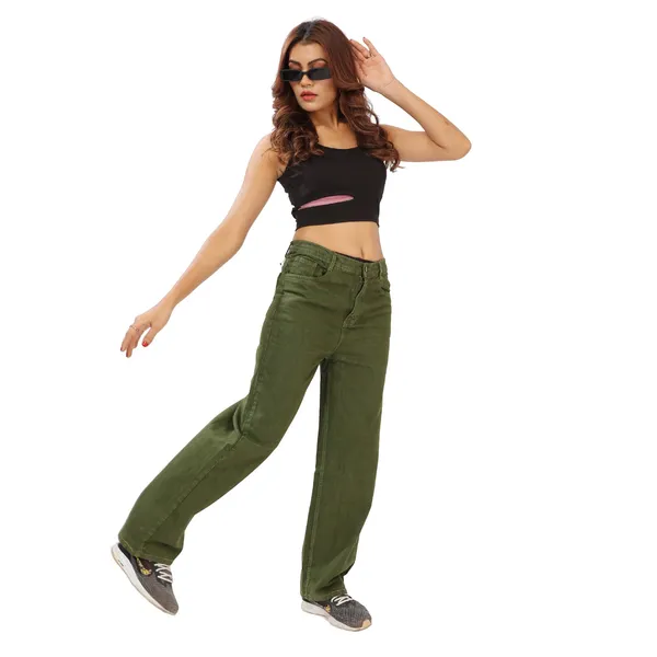 Super fashion hub WIDE LEG Green Women'S High Rise Denim Regular Women
