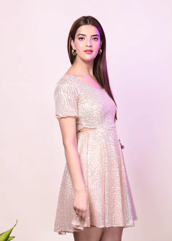 Cream_Dazzle_Sequin_Side_Cut_Out_Dress_ForWomen
