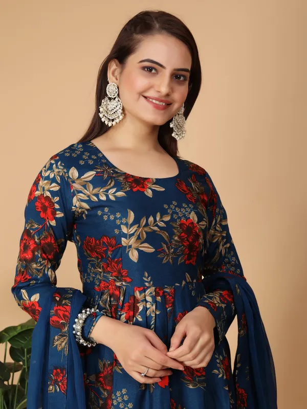 Blue_Georgette_Floral_Print_Gown_With_Dupatta_And_Bottom_Wear