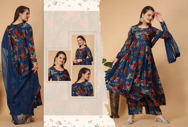 Blue_Georgette_Floral_Print_Gown_With_Dupatta_And_Bottom_Wear