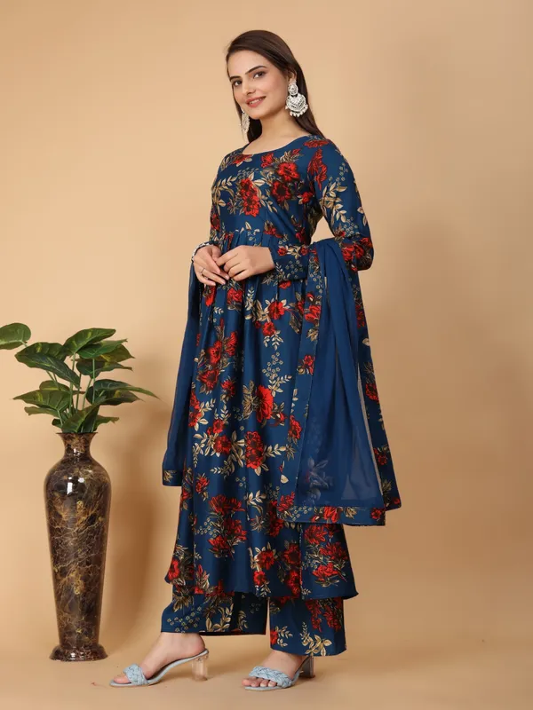 Blue_Georgette_Floral_Print_Gown_With_Dupatta_And_Bottom_Wear