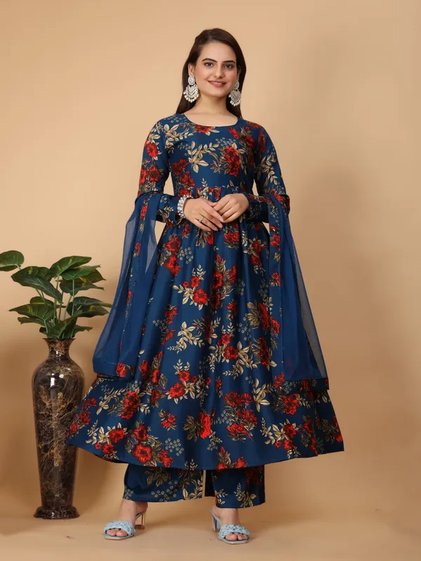 Blue_Georgette_Floral_Print_Gown_With_Dupatta_And_Bottom_Wear