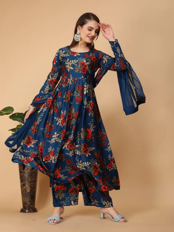 Blue_Georgette_Floral_Print_Gown_With_Dupatta_And_Bottom_Wear