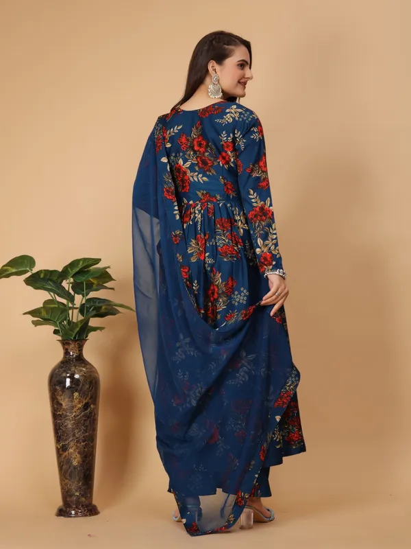 Blue_Georgette_Floral_Print_Gown_With_Dupatta_And_Bottom_Wear
