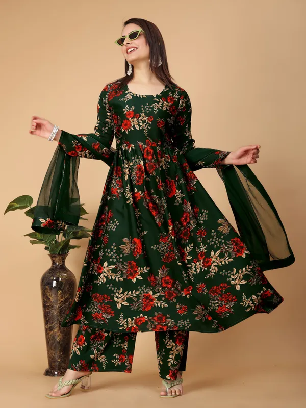 Green_Georgette_Floral_Print_Gown_With_Dupatta_And_Bottom_Wear