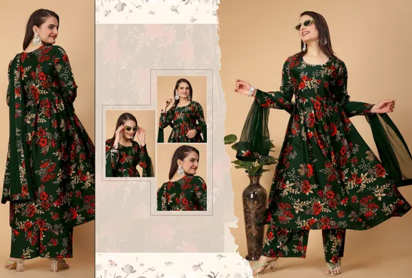 Green_Georgette_Floral_Print_Gown_With_Dupatta_And_Bottom_Wear