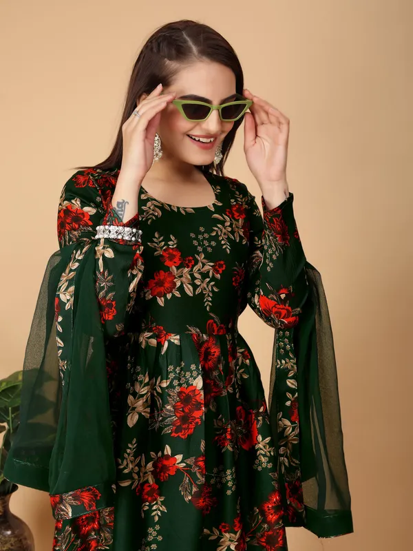 Green_Georgette_Floral_Print_Gown_With_Dupatta_And_Bottom_Wear