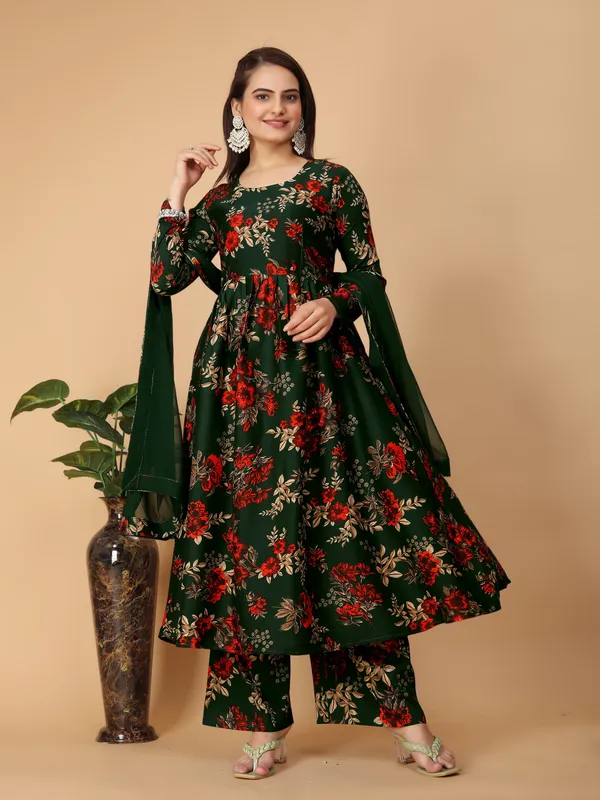 Green_Georgette_Floral_Print_Gown_With_Dupatta_And_Bottom_Wear
