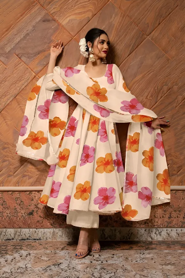 White_Anarkali_Gown_Set_|_Elegant_Blossom_Georgette_Floral_Print_Gown_With_Dupatta