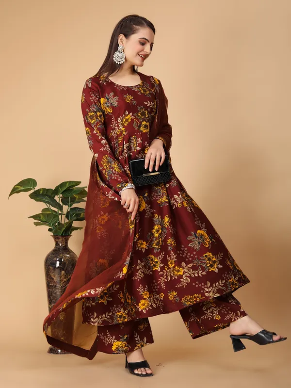 Maroon_Georgette_Floral_Print_Gown_With_Dupatta_And_Bottom_Wear