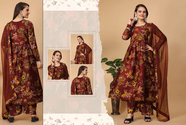 Maroon_Georgette_Floral_Print_Gown_With_Dupatta_And_Bottom_Wear
