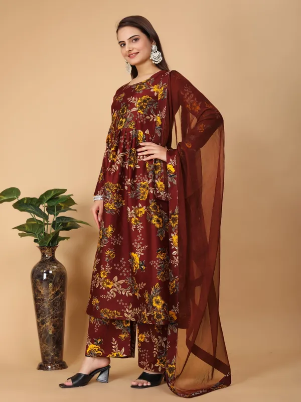 Maroon_Georgette_Floral_Print_Gown_With_Dupatta_And_Bottom_Wear