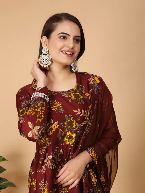 Maroon_Georgette_Floral_Print_Gown_With_Dupatta_And_Bottom_Wear