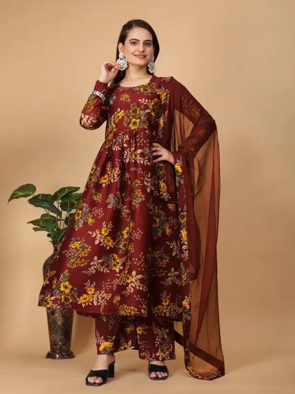 Maroon_Georgette_Floral_Print_Gown_With_Dupatta_And_Bottom_Wear