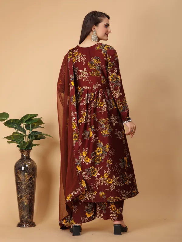 Maroon_Georgette_Floral_Print_Gown_With_Dupatta_And_Bottom_Wear
