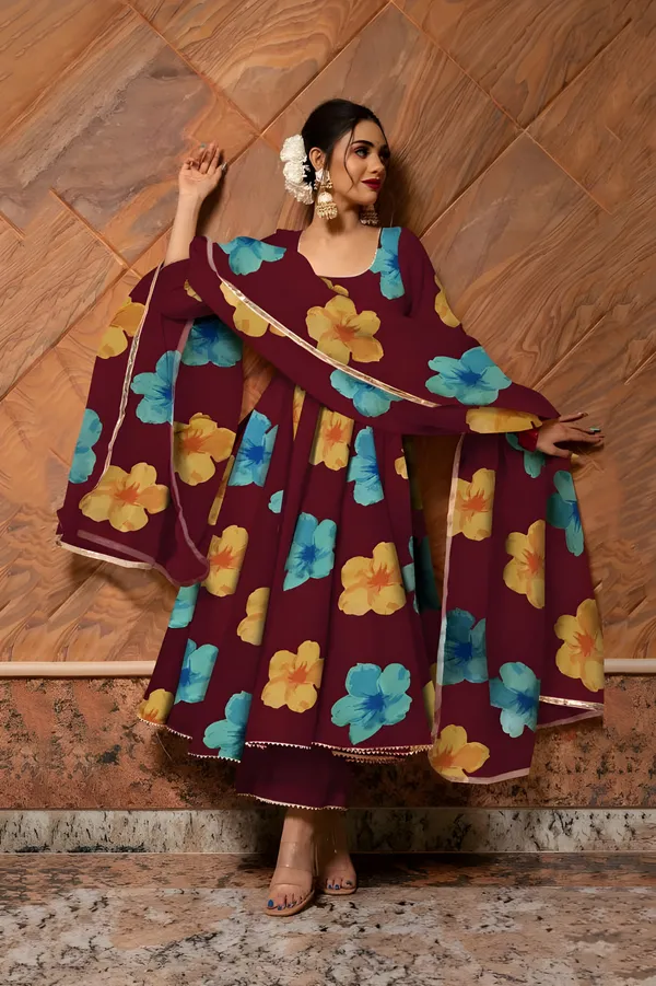 Maroon_Anarkali_Gown_Set_|_Elegant_Blossom_Georgette_Floral_Print_Gown_With_Dupatta
