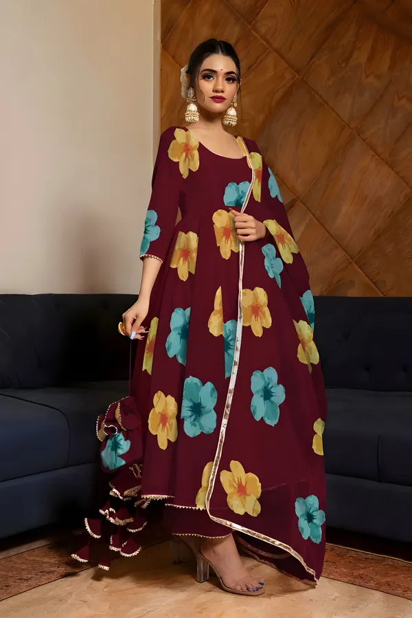 Maroon_Anarkali_Gown_Set_|_Elegant_Blossom_Georgette_Floral_Print_Gown_With_Dupatta