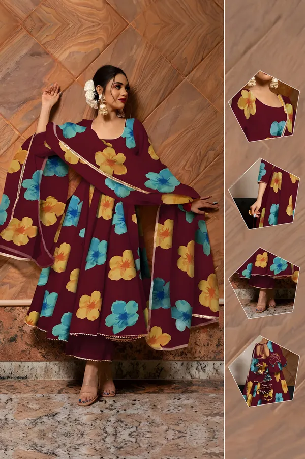 Maroon_Anarkali_Gown_Set_|_Elegant_Blossom_Georgette_Floral_Print_Gown_With_Dupatta