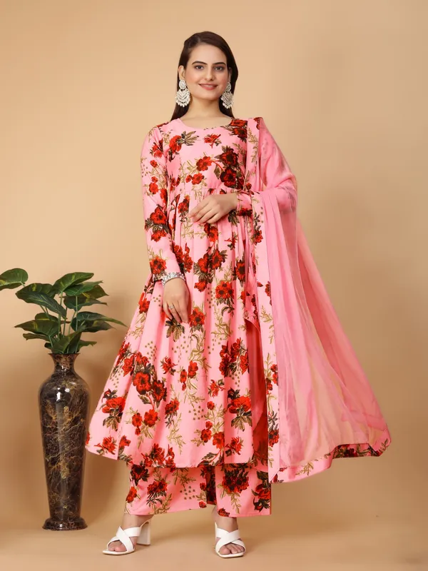 Pink_Georgette_Floral_Print_Gown_With_Dupatta_And_Bottom_Wear